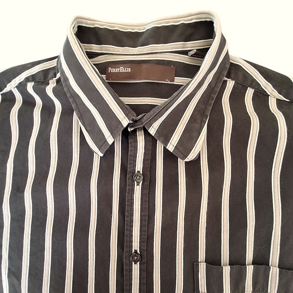 PERRY ELLIS Dress Shirt Black/Brown Stripe Cotton Men's XL Office Excellent